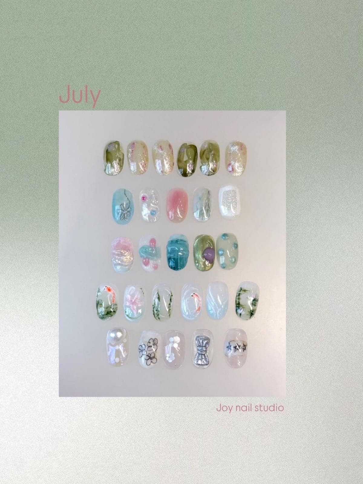 July 2026 nail art collection board with mossy green marble, sheer pinks, hand-painted koi and floral Korean gel designs by Joy Nail Studio Vancouver