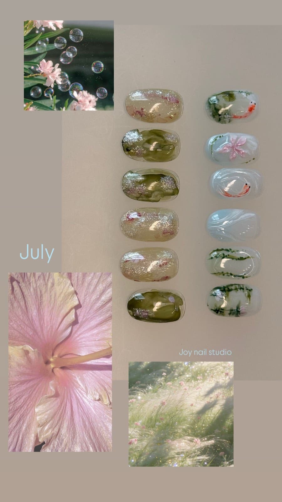 Close-up July nail art board with olive marble, fine glitter, koi and trailing vine designs on milky white by Joy Nail Studio Vancouver